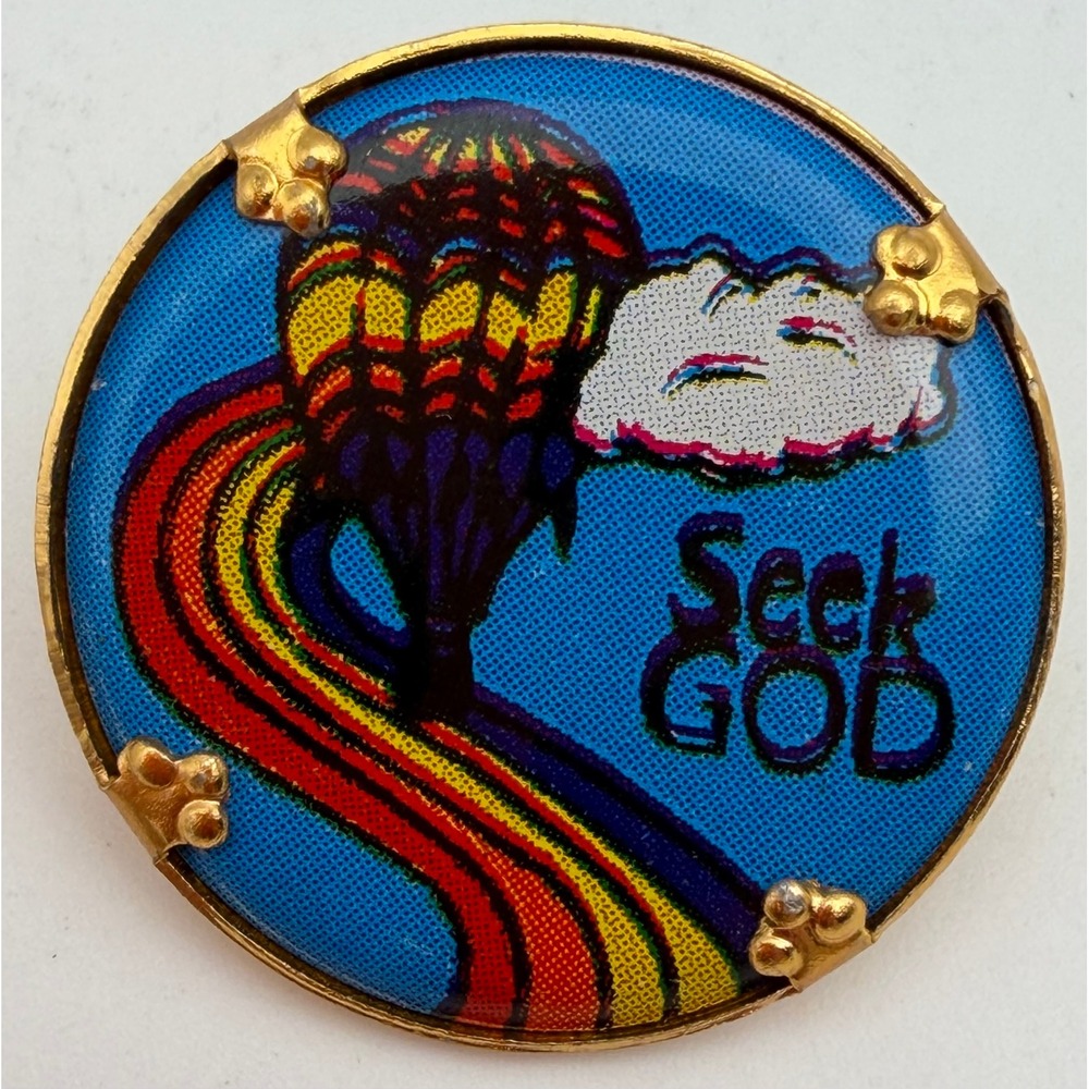 Vintage Seek GOD Hot Air Balloon Rainbow Pin Brooch Gold Tone Hong Kong F621
